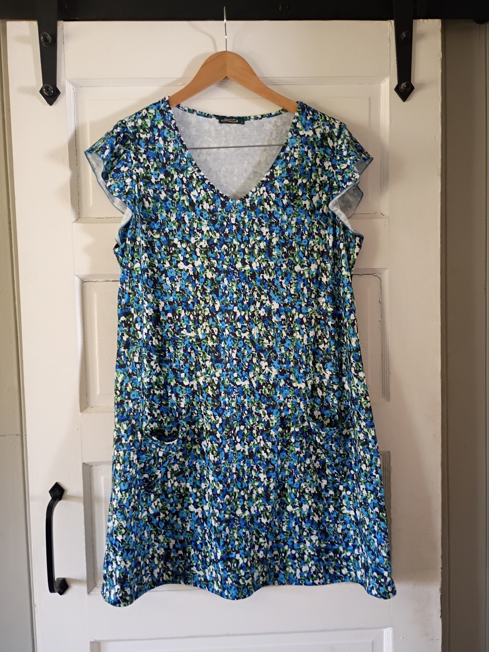 Blue Floral V-Neck Mini Dress with Flutter Sleeves